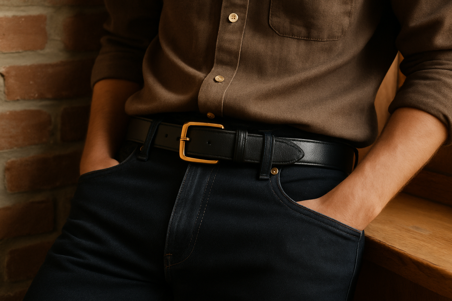 Black leather belt with gold buckle worn casually with jeans and button-up shirt