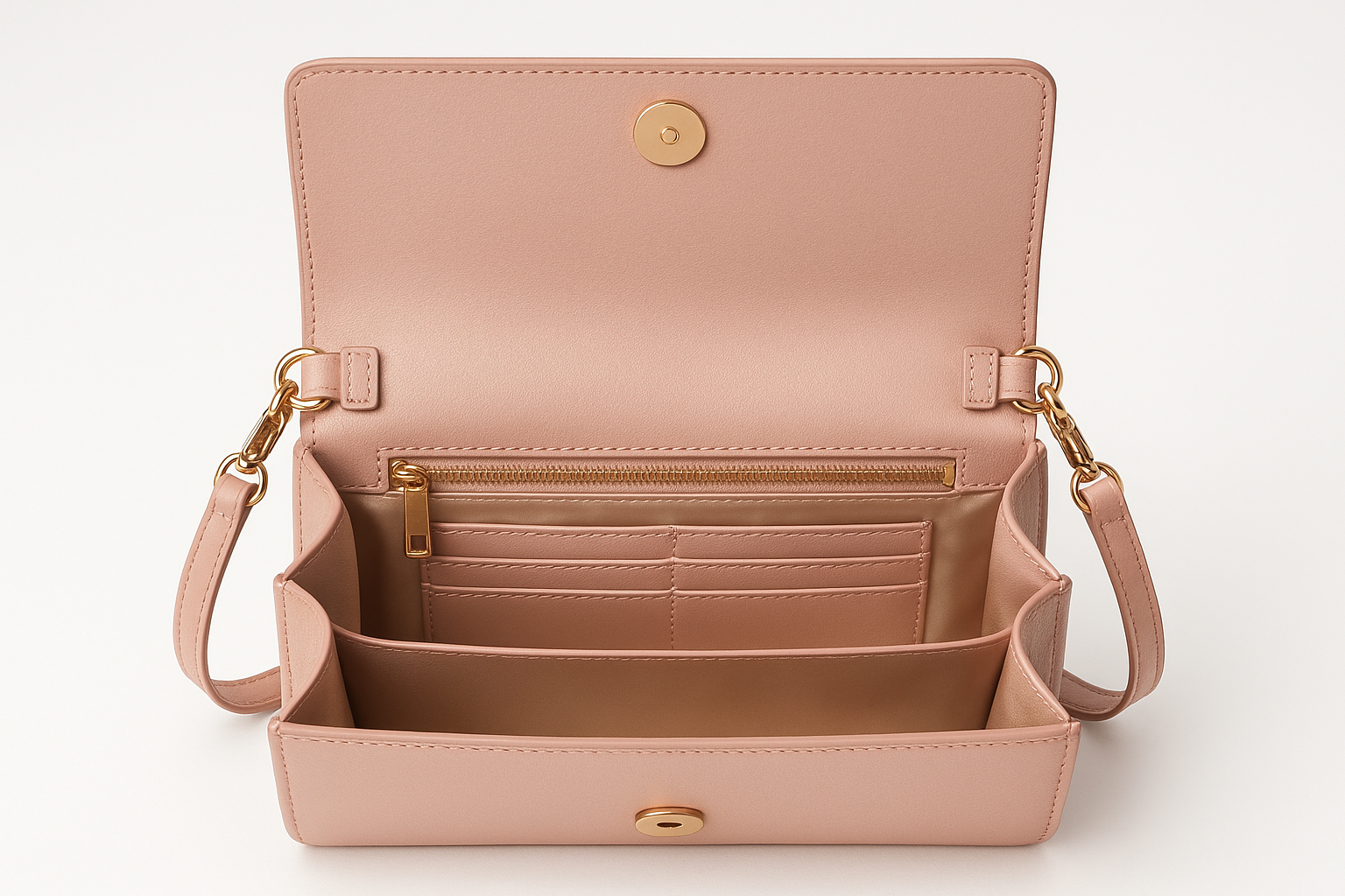 Blush pink leather handbag - interior organization view