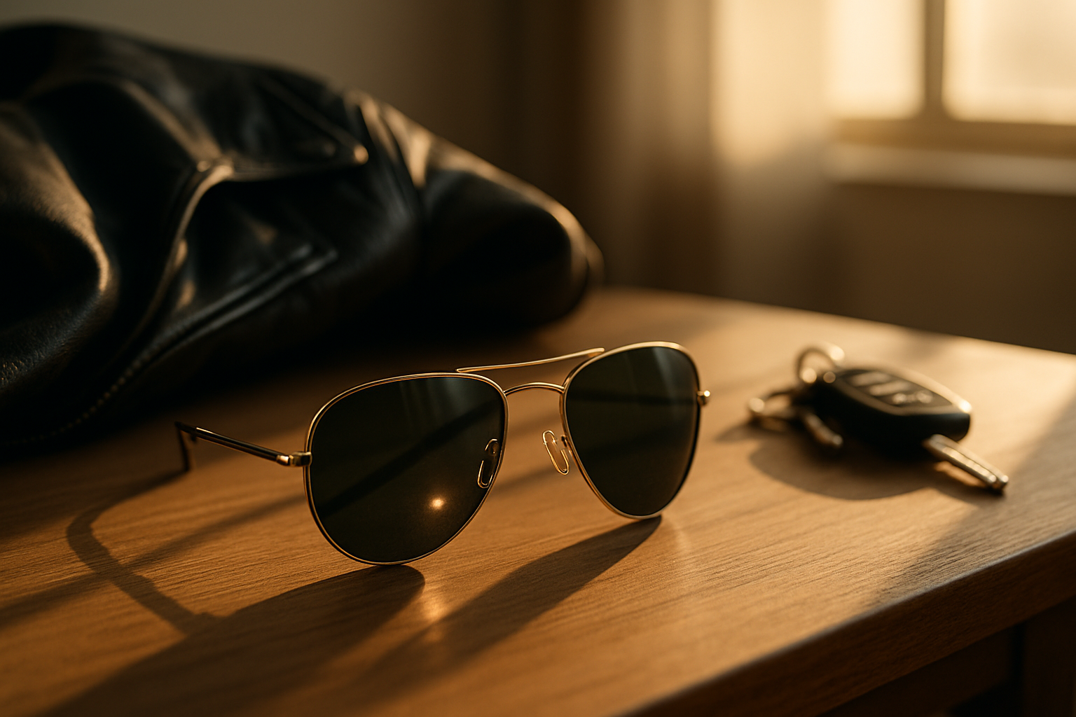 Classic aviator sunglasses with gold frames on wooden table next to leather jacket