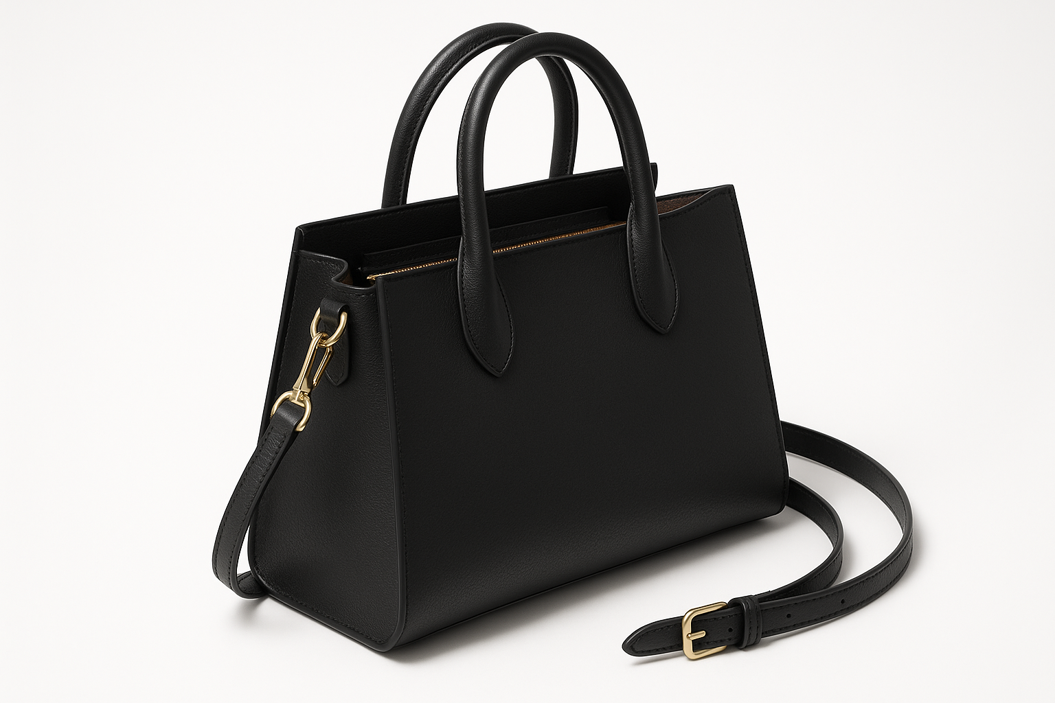 Classic black elegant leather handbag - side angle view
