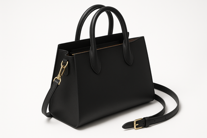 Classic black elegant leather handbag - side angle view