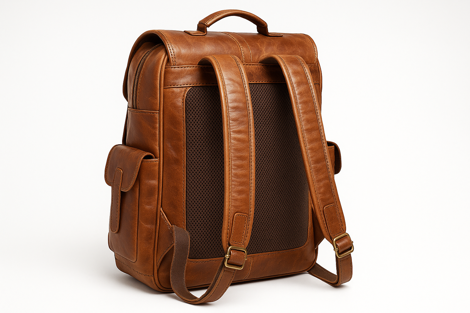 Cognac brown leather backpack - back angle view