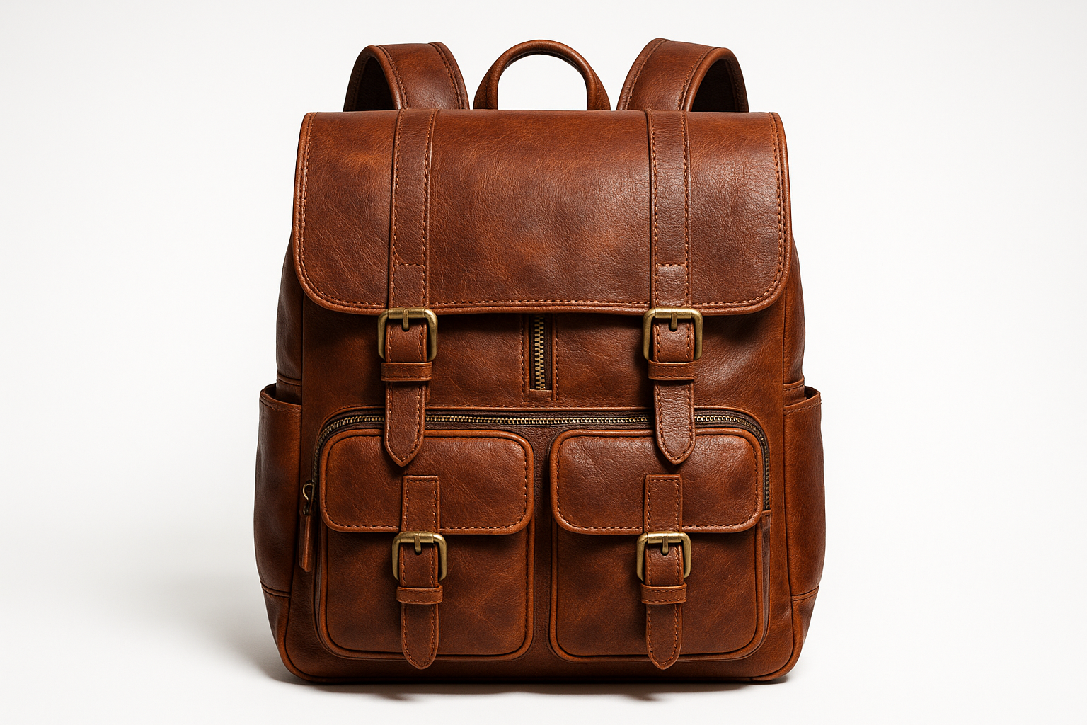 Cognac brown leather backpack - front view