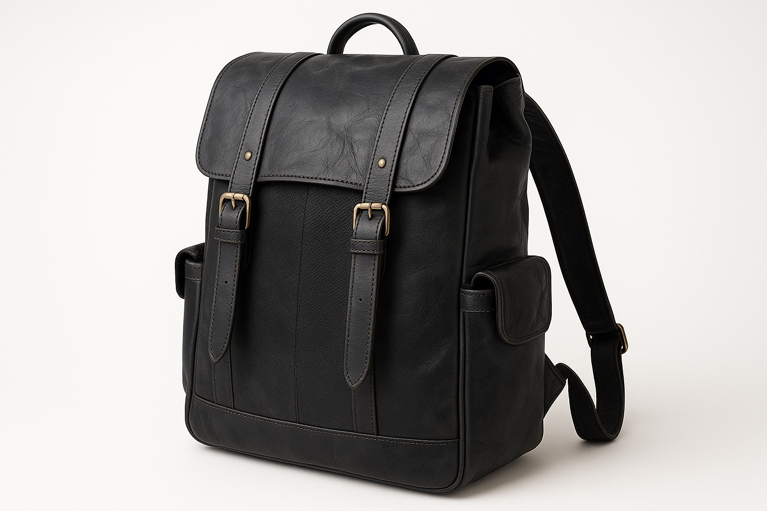 Deep black leather backpack - back angle view
