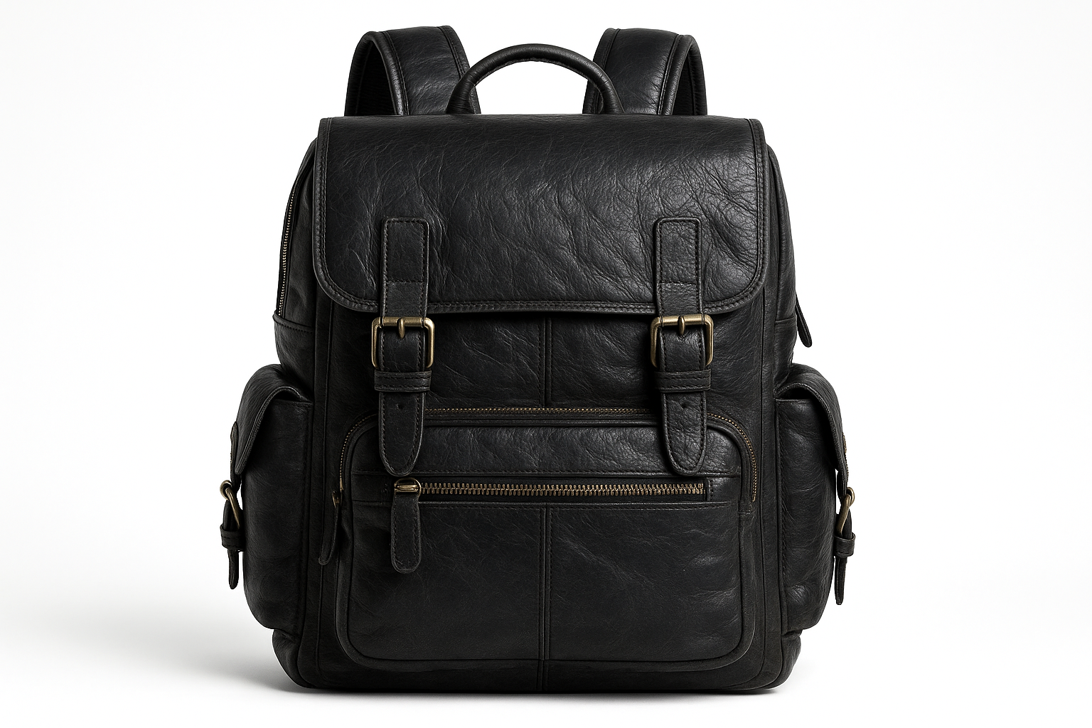 Deep black leather backpack - front view