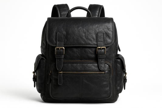 Deep black leather backpack - front view