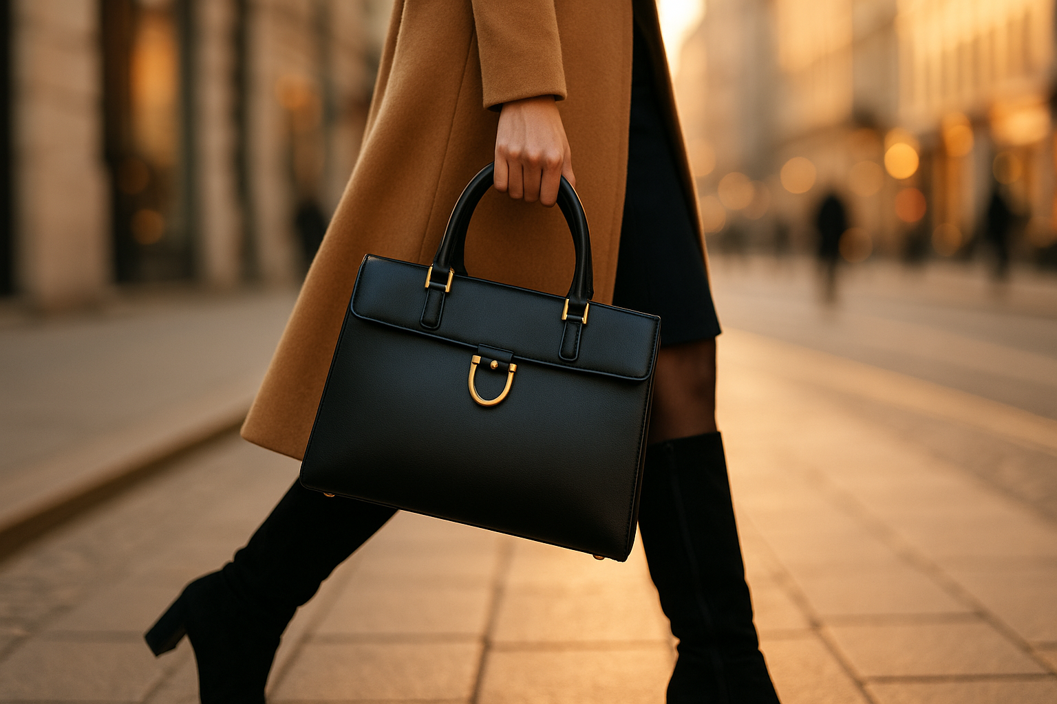 Elegant black leather handbag carried by woman walking through city street