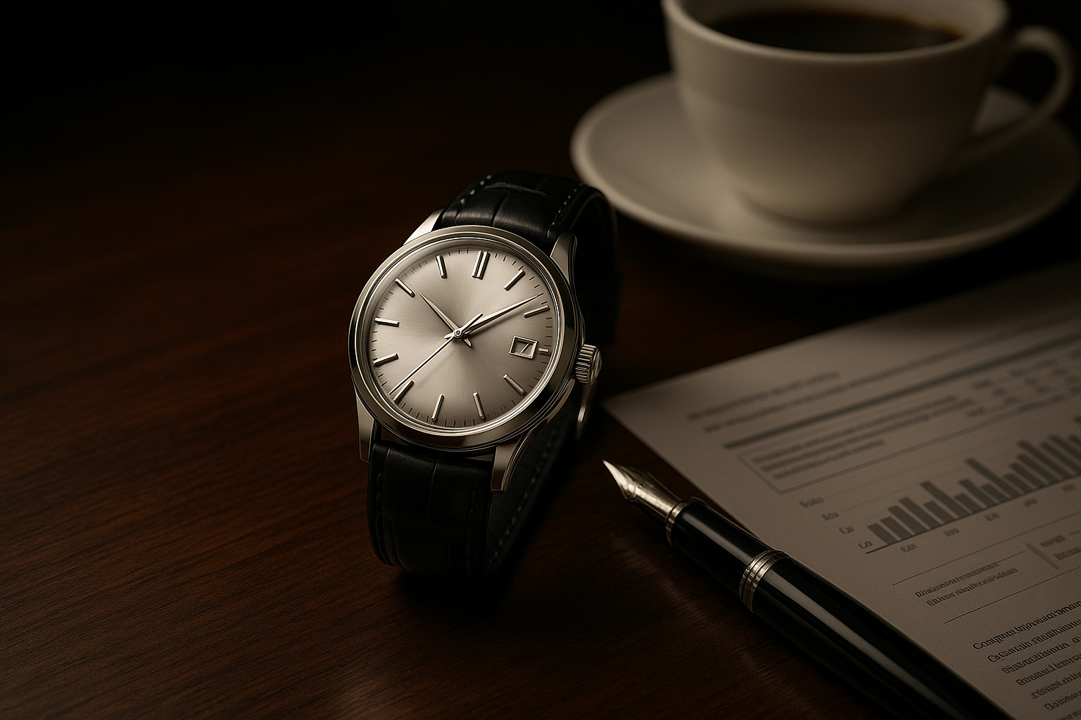 Luxury silver watch with black leather strap on wooden surface with business accessories