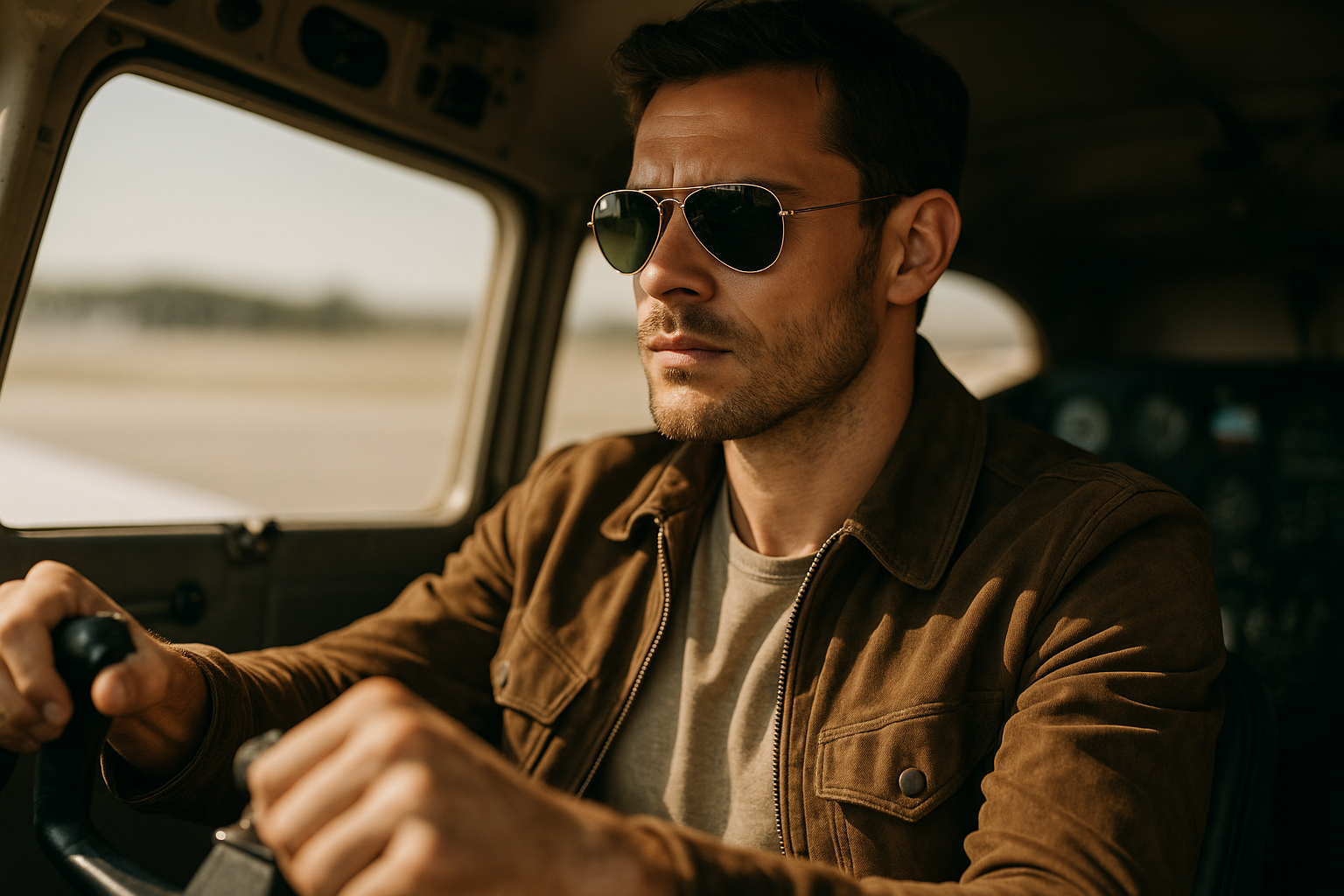 Man wearing aviator sunglasses in aviation setting