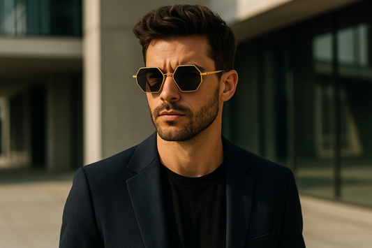 Man wearing geometric sunglasses in modern setting