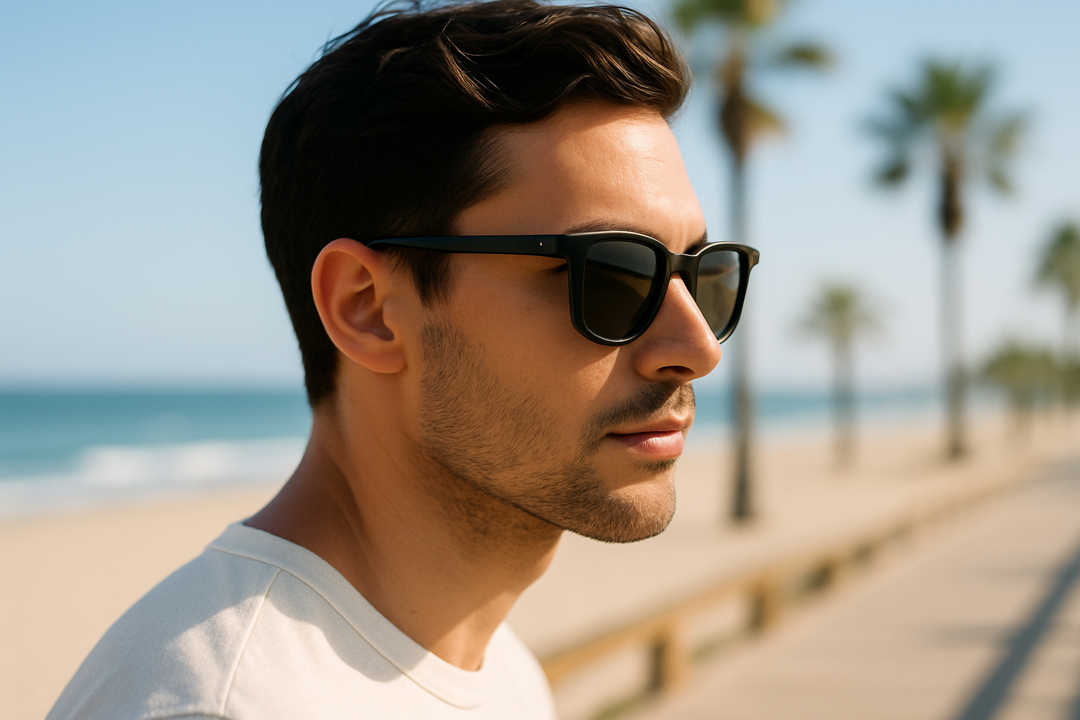 Modern black-framed sunglasses worn by person walking along sunny beach boardwalk