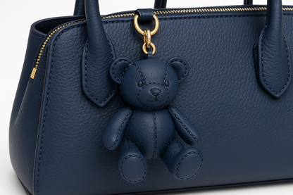 Navy blue handbag - teddy bear charm close-up detail
