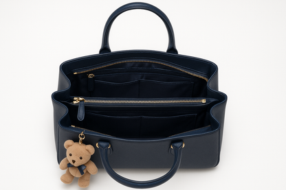 Navy blue handbag with teddy bear - interior view