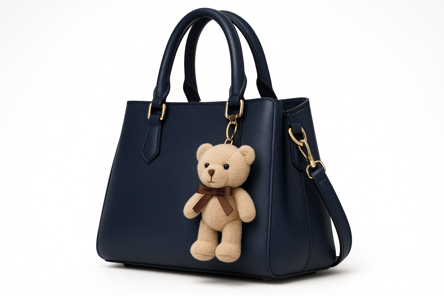 Navy blue handbag with teddy bear - side profile
