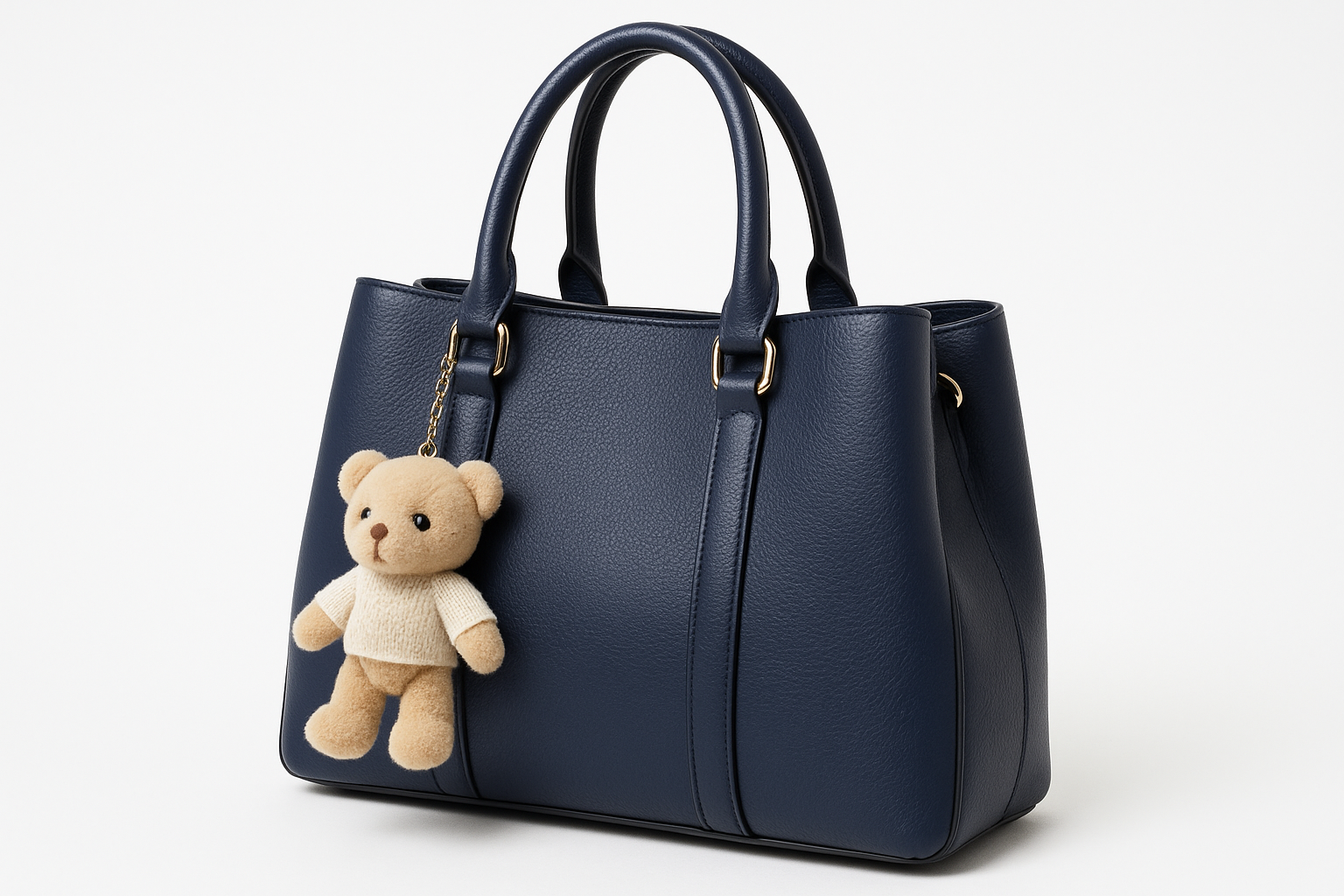 Navy blue handbag with teddy bear - three-quarter angle