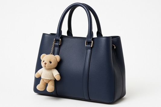 Navy blue handbag with teddy bear - three-quarter angle