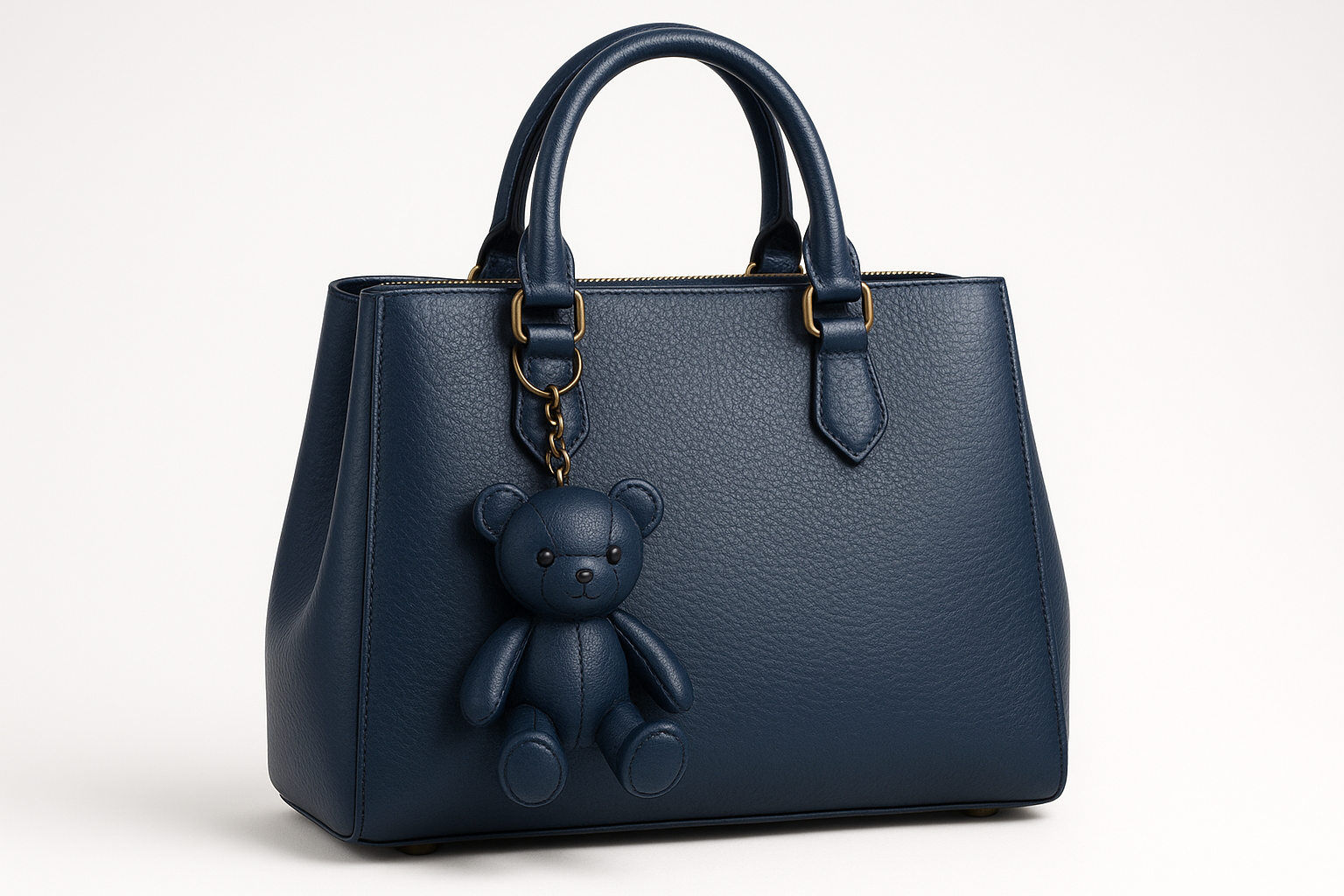 Navy blue leather handbag with teddy bear charm