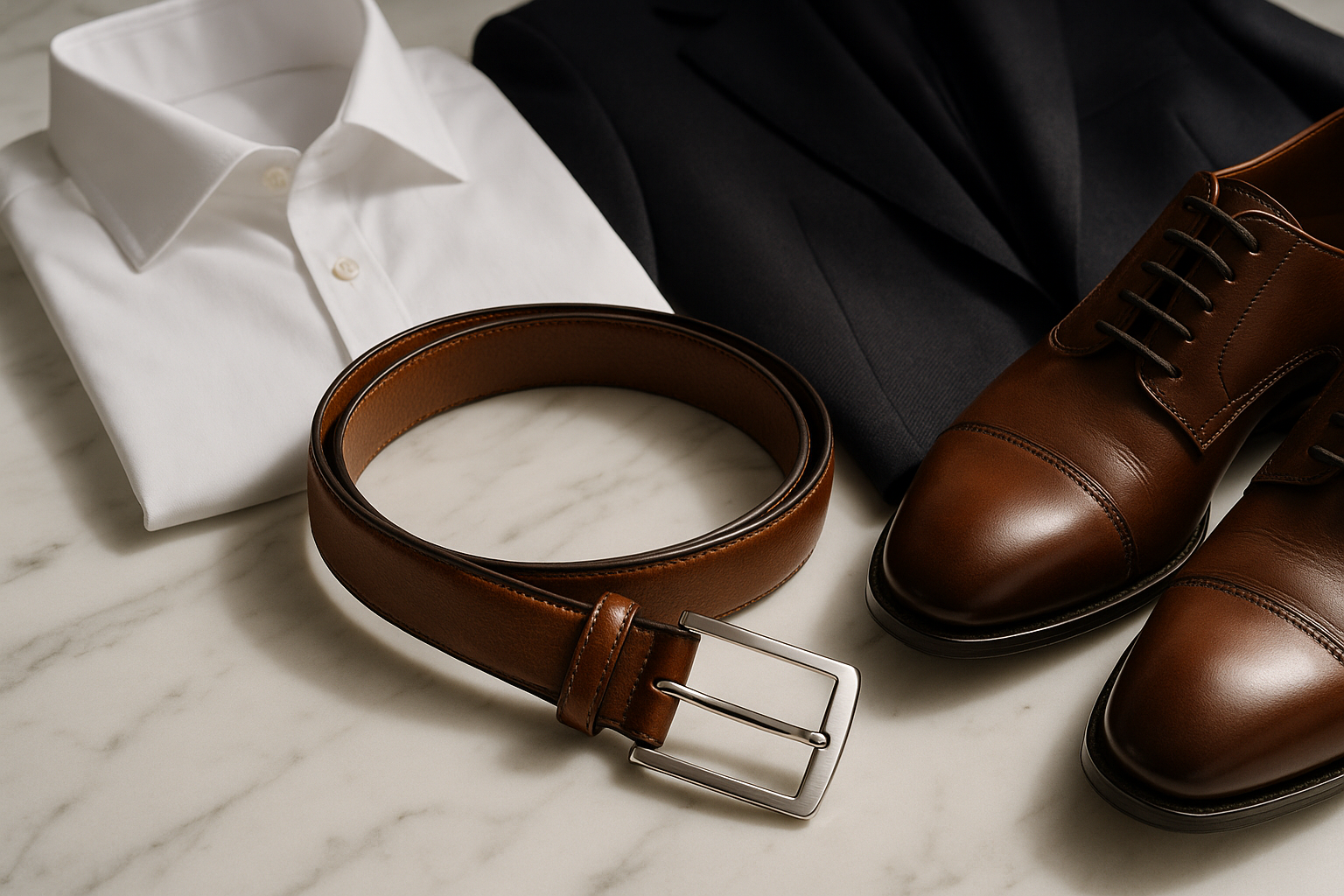Premium brown leather belt with silver buckle alongside formal menswear on marble surface