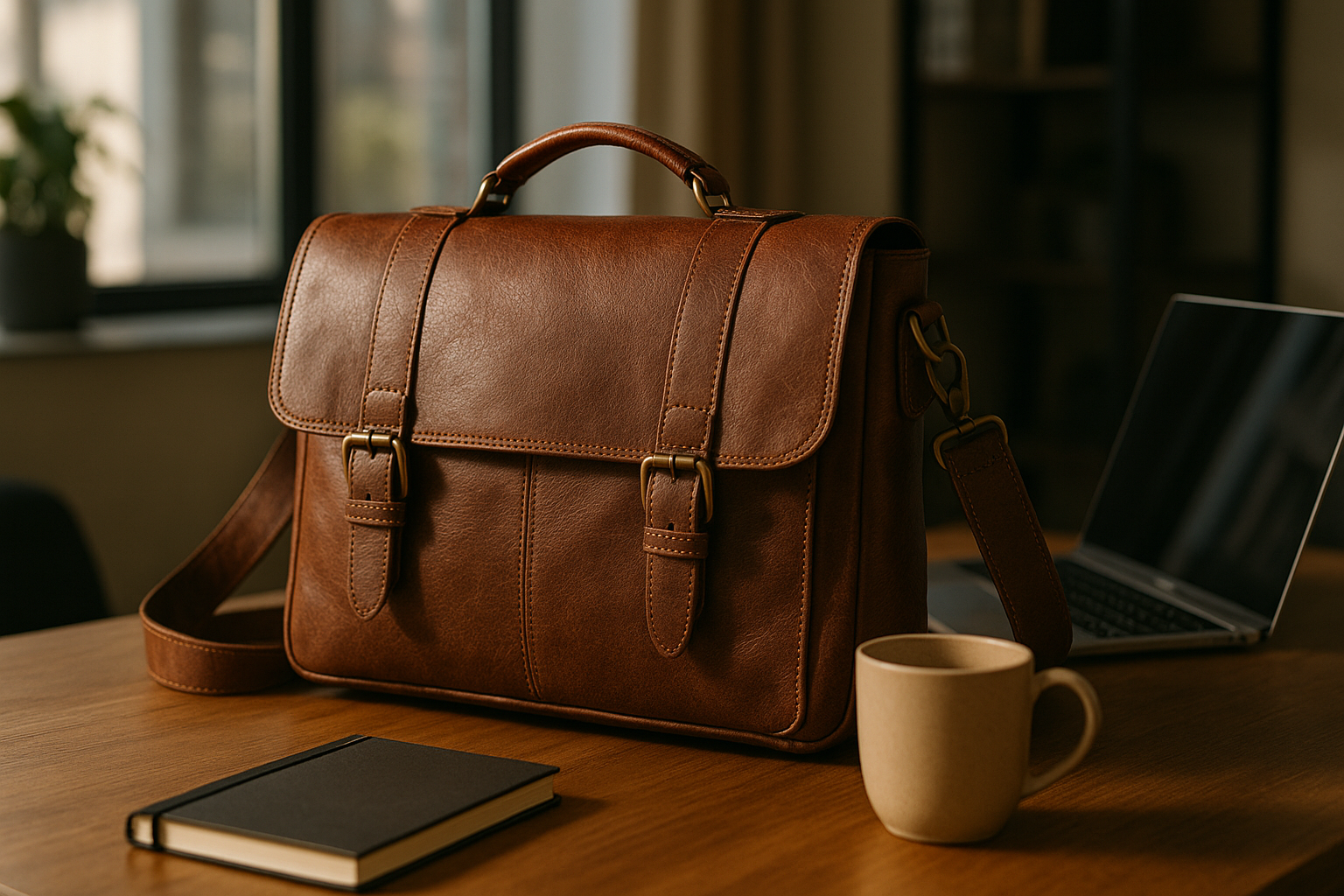Premium brown leather messenger bag on wooden desk in modern office setting