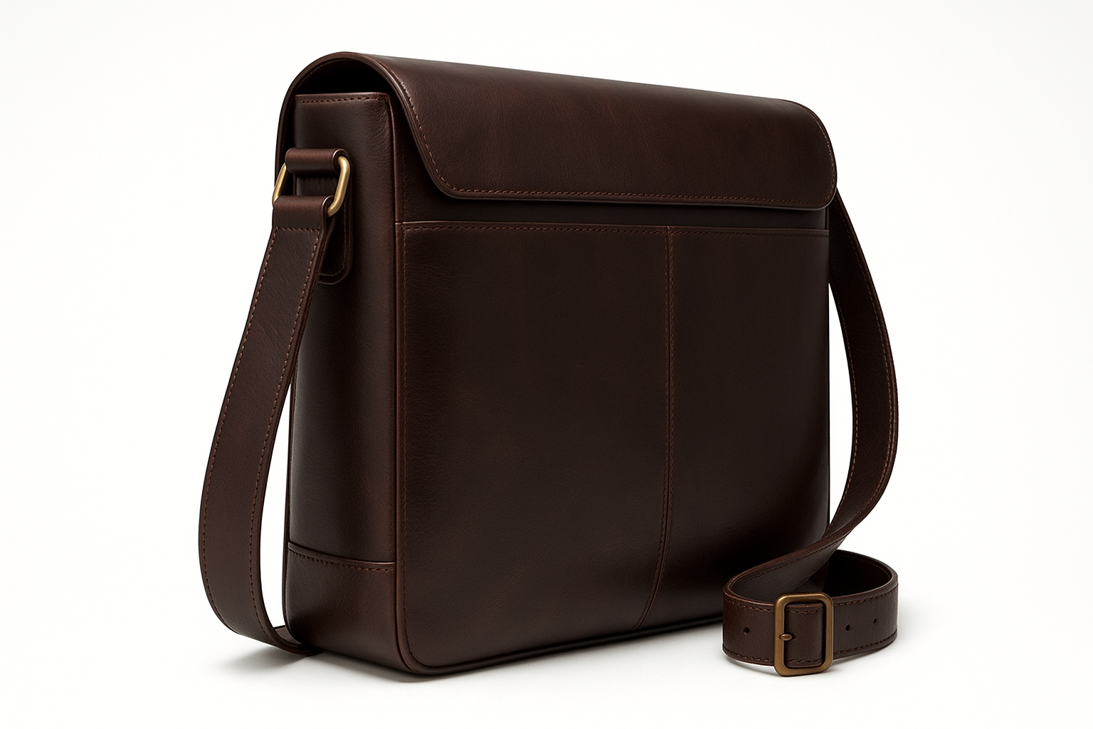 Side profile view of premium men's leather messenger bag