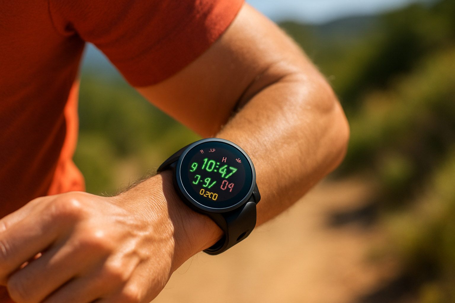 Sporty smartwatch with silicone band worn during outdoor activity