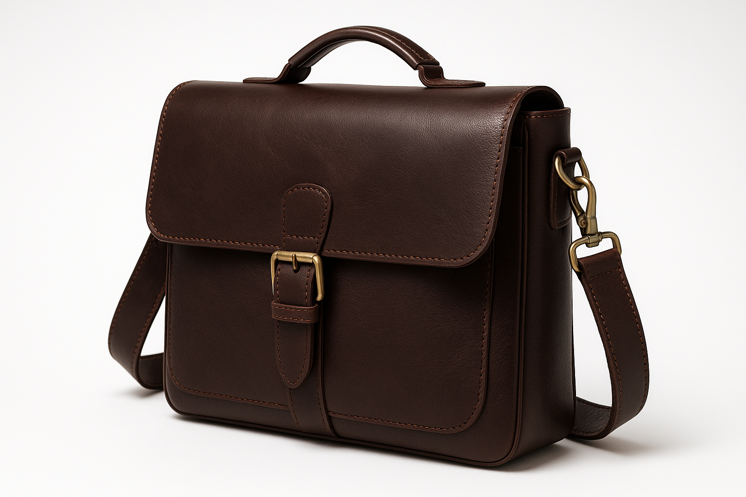 Three-quarter angle view of premium men's leather messenger bag