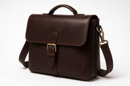 Three-quarter angle view of premium men's leather messenger bag