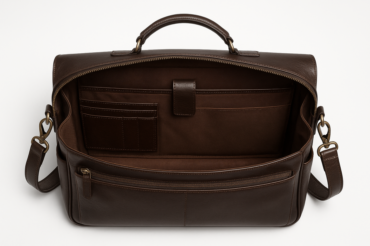 Top-down interior view of premium men's leather messenger bag