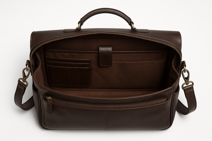Top-down interior view of premium men's leather messenger bag