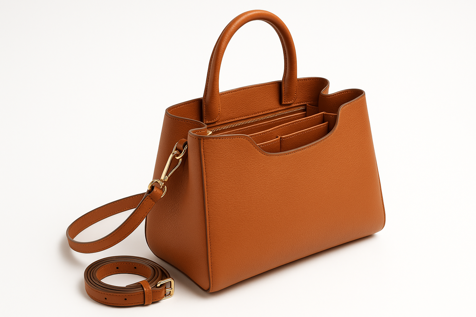 Warm cognac brown elegant leather handbag - side angle view