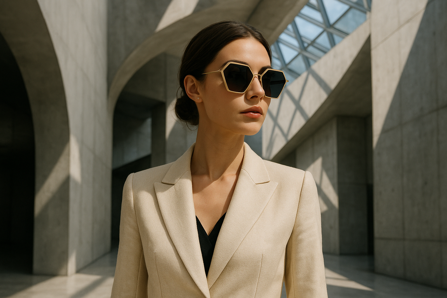 Woman wearing geometric sunglasses in modern setting