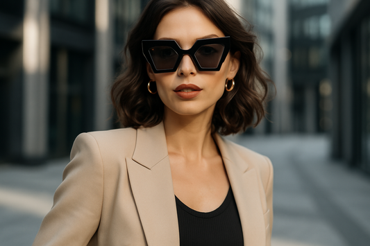 Woman wearing geometric sunglasses - lifestyle shot