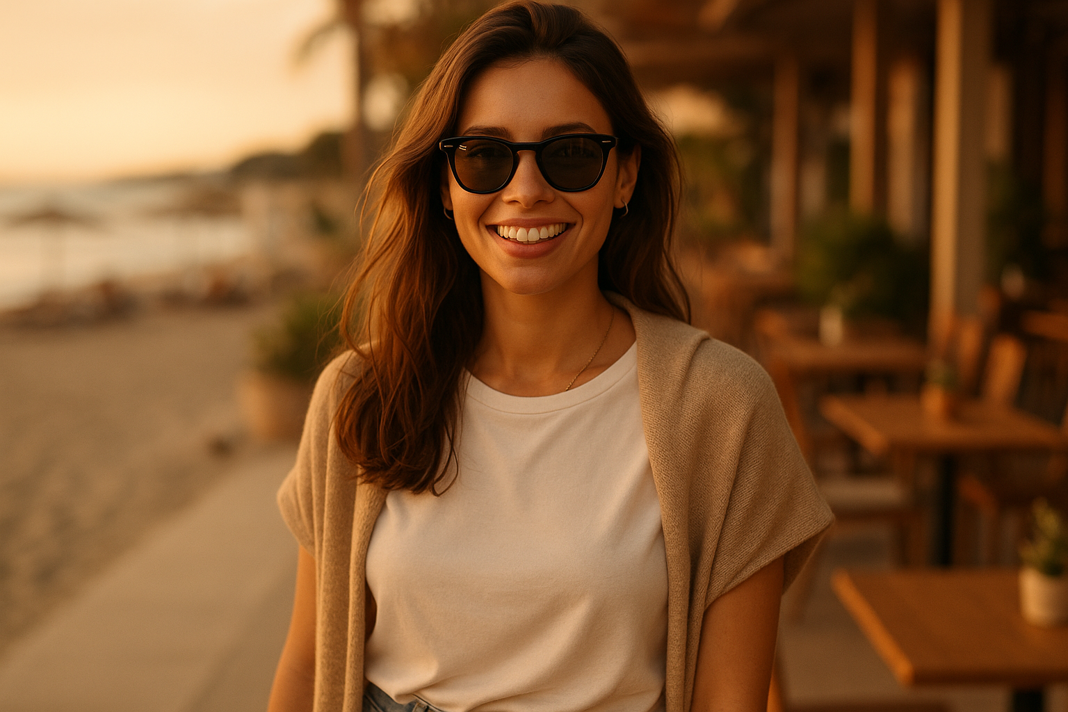 Woman wearing wayfarer sunglasses - lifestyle shot